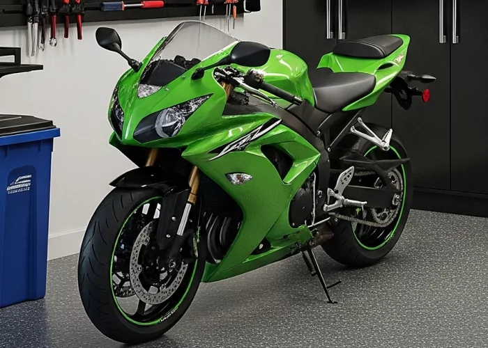 Green sportbike ready for pre-track inspection and setup