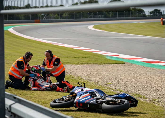 Marshals on standby, delivering prompt first aid during a track incident.
