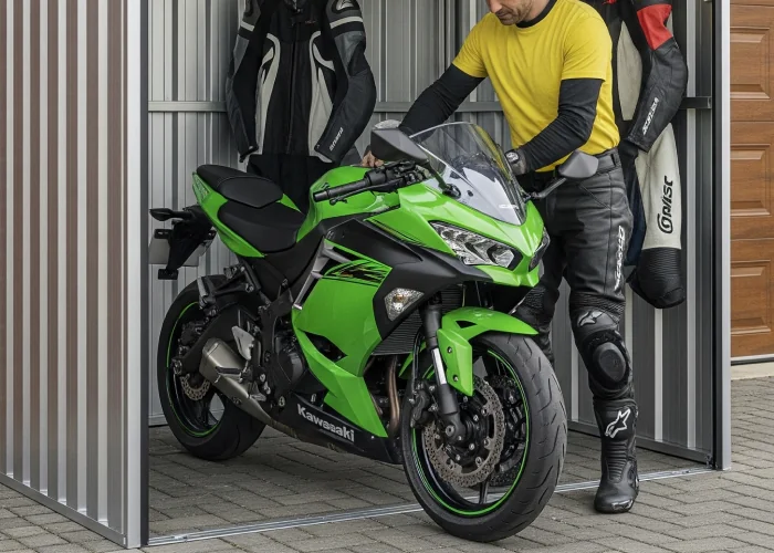 Rider in protective pants and boots getting bike ready for a track day at MVTC